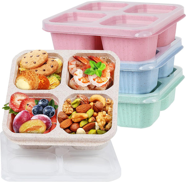 4 Pack Bento Snack Containers Set， 4 Compartment Food Storage Containers Wheat Straw Meal Prep Lunch Box BEST DAILY DEALS