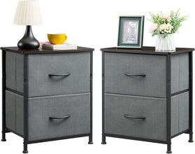 Nightstand Set of 2, Small Dresser for Bedroom with 2 Drawers, Bedside Table Night Stand End Table with Fabric Bins
