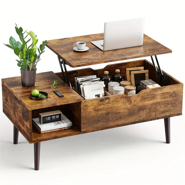 Vintage Lift-Top Coffee Table with Hidden Storage and Adjustable Shelf - Durable Wood, Ideal for Living Room