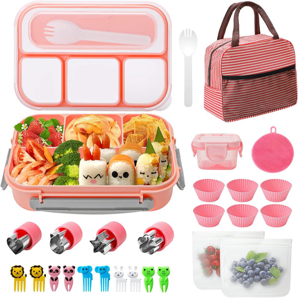 1300ML Bento Box Lunch Box Kit, Japanese Bento Box Set 4 Compartments w/Lunch Bag Sauce Can, Cake Cups, Fruit Picks, Snack Bags...Leakproof Lunch Container Lunch Bag for Kids Adults (Pink) Shell Star Creations