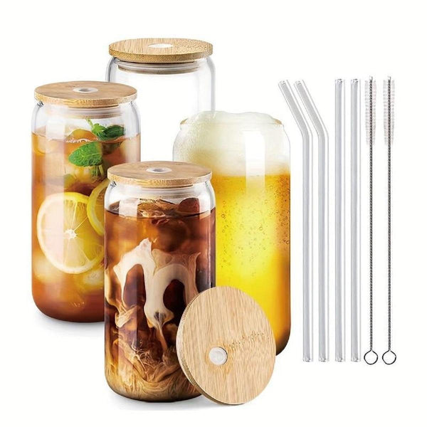 4pcs-16oz Drinking Glasses with Bamboo Lids,Glass Straw and Coaster Shell Star Creations