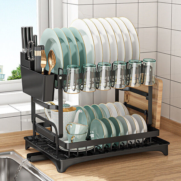 2 Tier Dish Drainer Drying Rack Drainboard Set with Drainage for Kitchen Counter Shell Star Creations