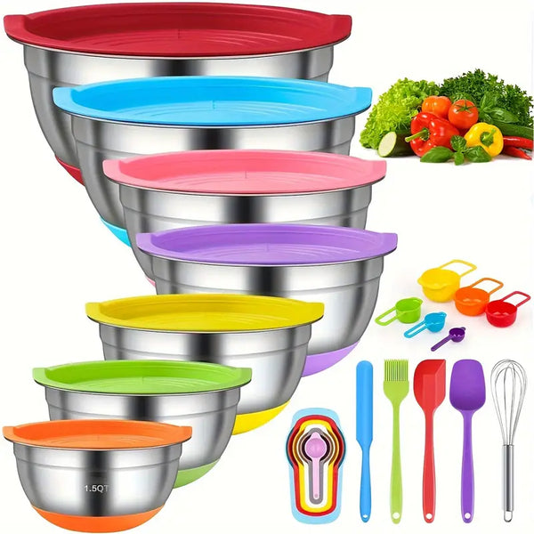 18pcs Mixing Bowls with Airtight Lids, Stainless Steel Nesting Colorful Mixing Bowls Set Non-slip Silicone Bottom