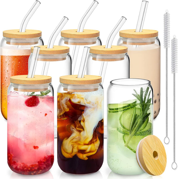 8 Pcs Glass Cups with Bamboo Lids and Glass Straws Set 16 oz Beer Glass Cups Shell Star Creations