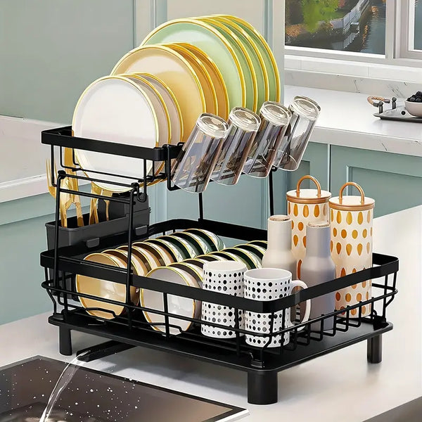2-Layer Dish Drying Rack - Spacious Kitchen Counter Storage with Efficient Metal Bowl and Dish Drying