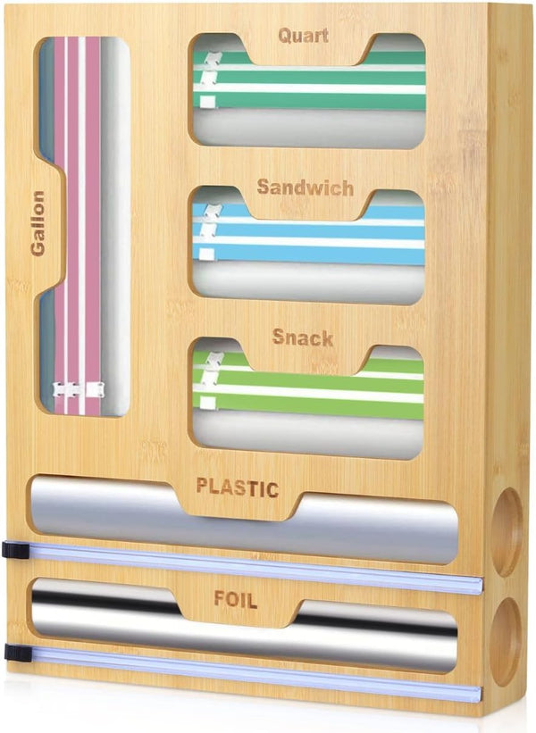 6 IN 1 Bamboo Storage Bag Organizer and Wrap Dispenser with Cutter, Foil and Plastic Wrap Organizer for Kitchen Drawer Shell Star Creations