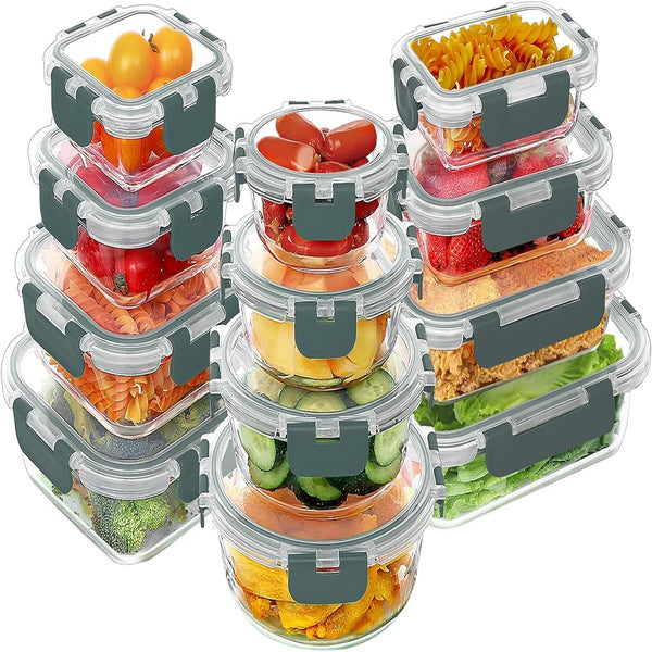 12-Pack Glass Food Storage Containers Set, Airtight Glass Lunch Containers, Glass Meal Prep Containers with Lids,BPA-Free, for Microwave, Oven, Freezer & Dishwasher Friendly,Grey Shell Star Creations