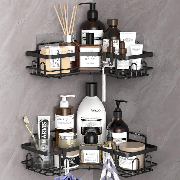 2 Pack Corner Shower Caddy Organizer Shelf with Hooks, Black Bathroom Shelves Storage Organization Shell Star Creations