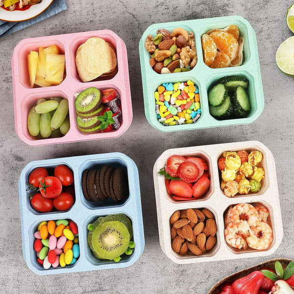 4 Pack Bento Snack Containers Set， 4 Compartment Food Storage Containers Wheat Straw Meal Prep Lunch Box BEST DAILY DEALS