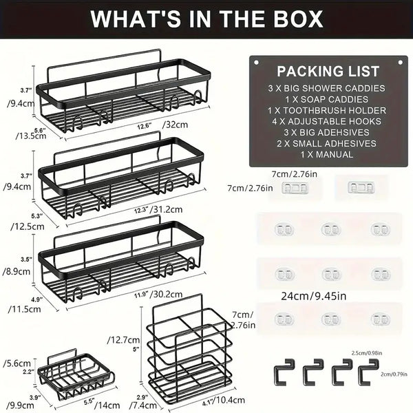 5-pack Shower Caddy, Bathroom Shower Organizers, Black Shower Shelves for Inside Shower with Soap Caddy & Toothbrush Holder