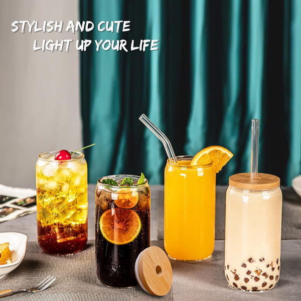 8 Pcs Glass Cups with Bamboo Lids and Glass Straws Set 16 oz Beer Glass Cups Shell Star Creations