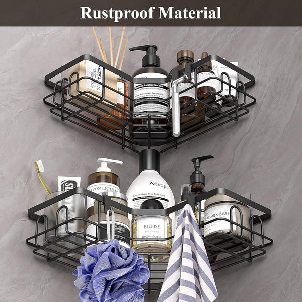 2 Pack Corner Shower Caddy Organizer Shelf with Hooks, Black Bathroom Shelves Storage Organization Shell Star Creations