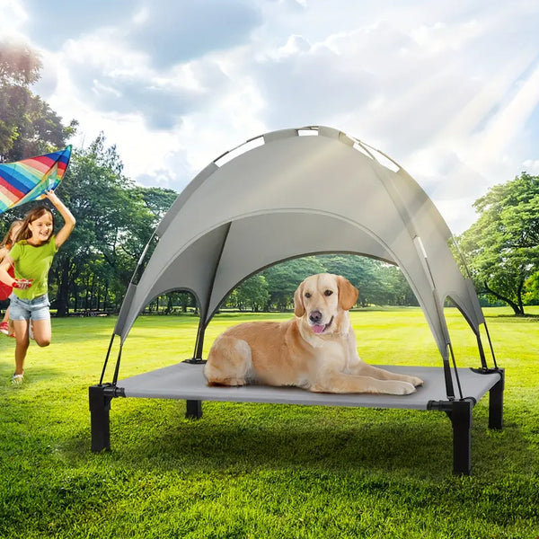 Outdoor Dog Bed with Canopy, XL Elevated Dog Bed, Dog Cot, Pet Bed with Oxford Fabric