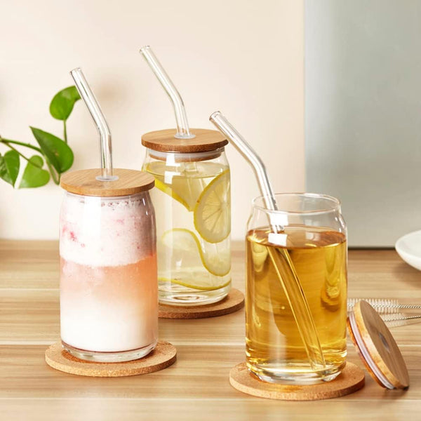 4pcs-16oz Drinking Glasses with Bamboo Lids,Glass Straw and Coaster Shell Star Creations