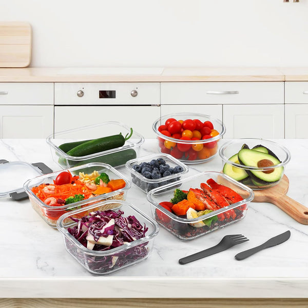 12-Pack Glass Food Storage Containers Set, Airtight Glass Lunch Containers, Glass Meal Prep Containers with Lids,BPA-Free, for Microwave, Oven, Freezer & Dishwasher Friendly,Grey Shell Star Creations