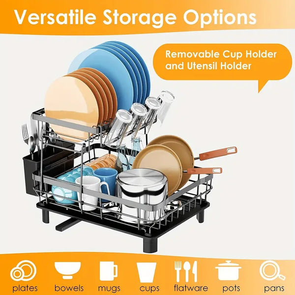 2-Layer Dish Drying Rack - Spacious Kitchen Counter Storage with Efficient Metal Bowl and Dish Drying