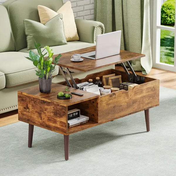 Vintage Lift-Top Coffee Table with Hidden Storage and Adjustable Shelf - Durable Wood, Ideal for Living Room