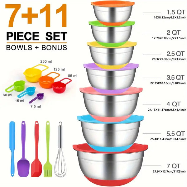 18pcs Mixing Bowls with Airtight Lids, Stainless Steel Nesting Colorful Mixing Bowls Set Non-slip Silicone Bottom