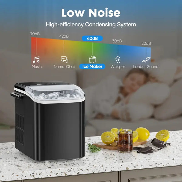 Portable Ice Maker Countertop with Ice Scoop, Basket and Handle, 9 Ice Cubes in 6 Minutes, 26.5lbs/24Hrs, Self-Cleaning with 2 Sizes of Ice