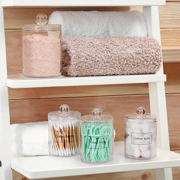 4 PACK Qtip Holder Dispenser for Cotton Ball, Cotton Swab, Cotton Round Pads, Floss Picks-Small Clear Plastic Organizer