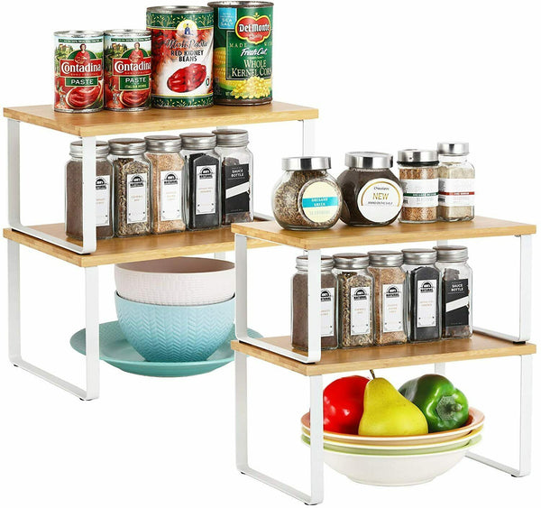 Set of 4 Bamboo Kitchen Cabinet Counter Shelf Organizer Stackable Expandable Shell Star Creations